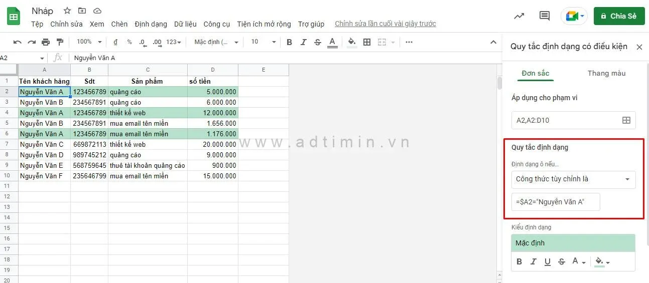 Nhập công thức tùy chỉnh