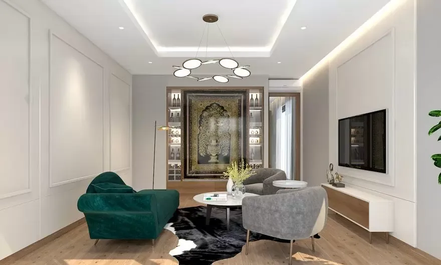 Mẫu trần thạch cao phẳng kết hợp màu sơn trắng tối giản cho phòng khách nhỏ