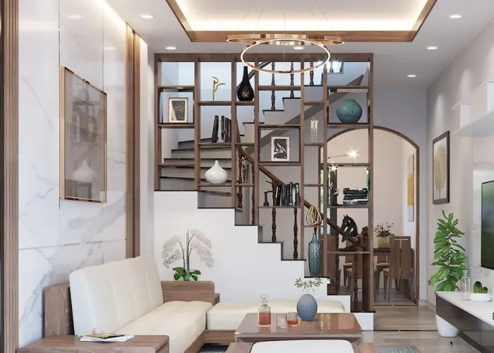 Vách ngăn trang trí phòng khách kết hợp cầu thang