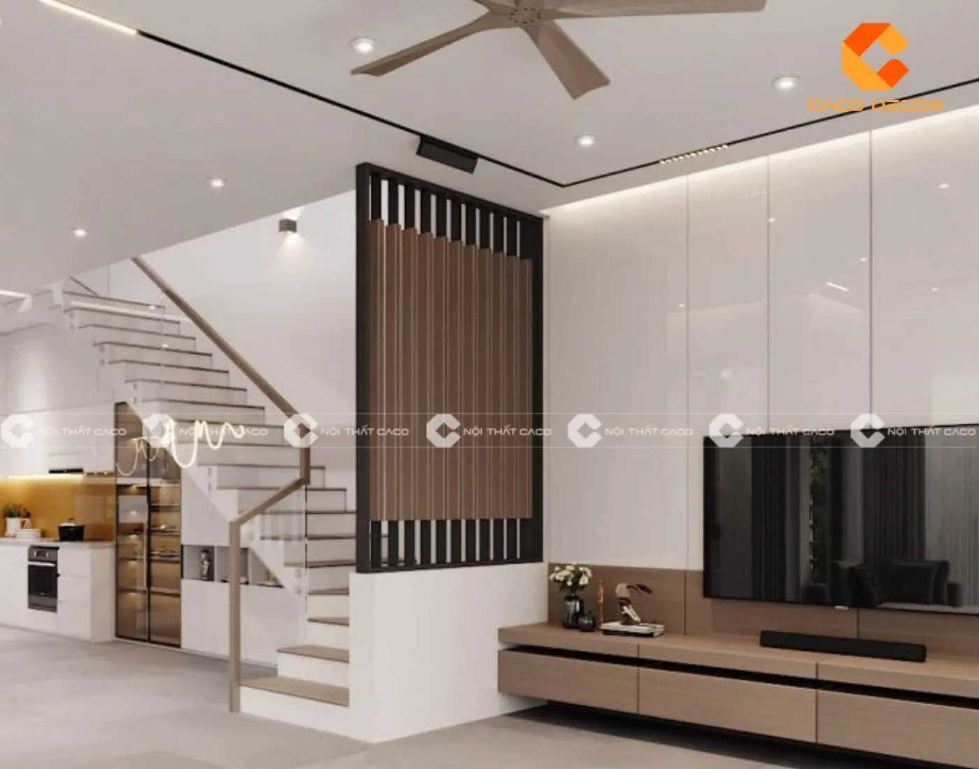 Vách trang trí ngăn cầu thang thiết kế hiện đại