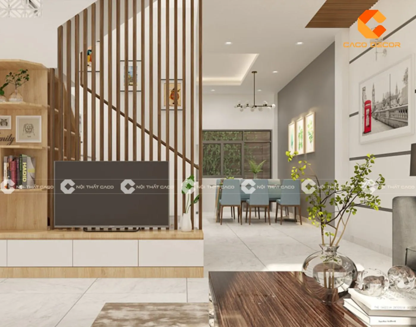 Mẫu vách trang trí ngăn cầu thang phòng khách