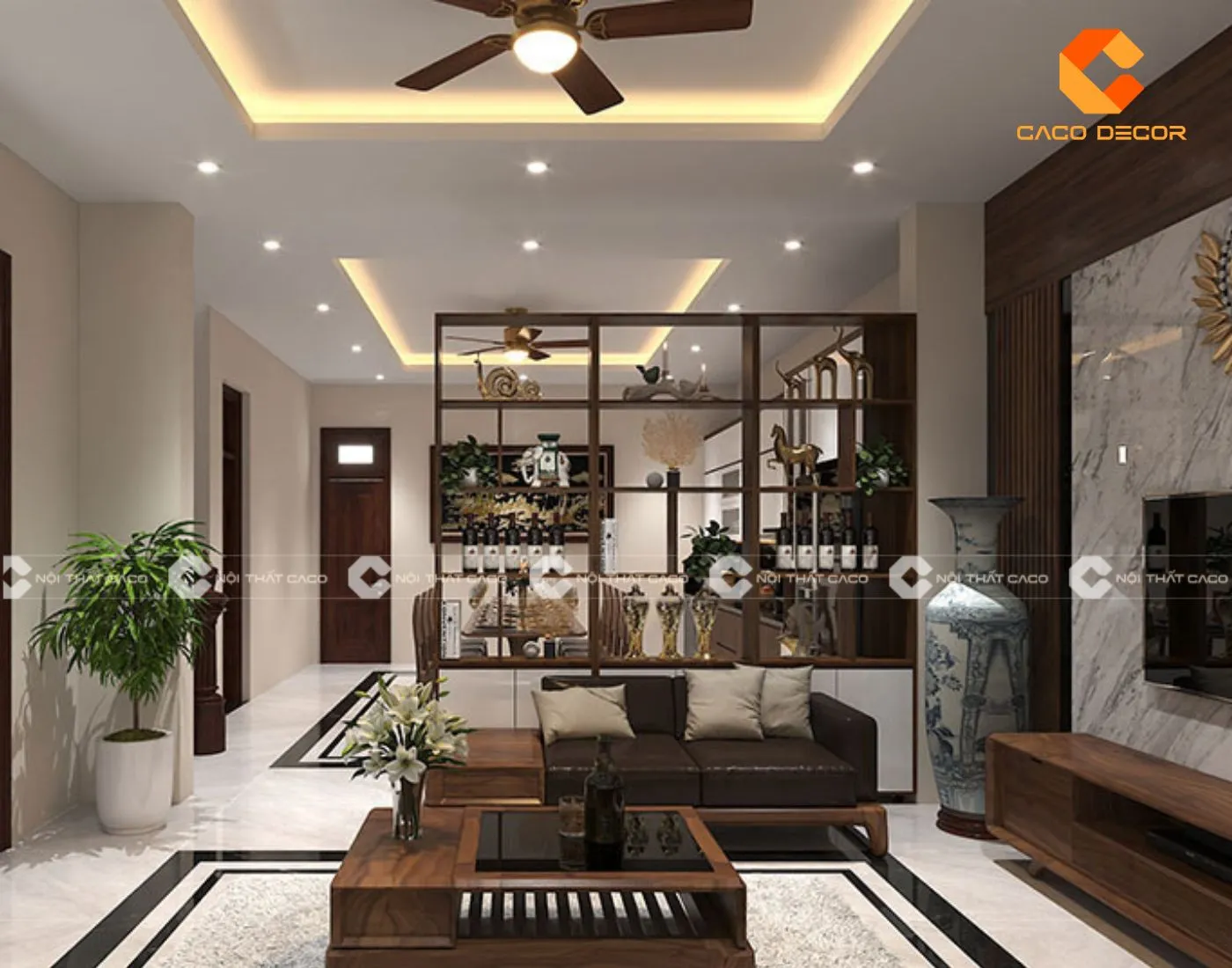 Mẫu vách trang trí ngăn phòng khách và bếp