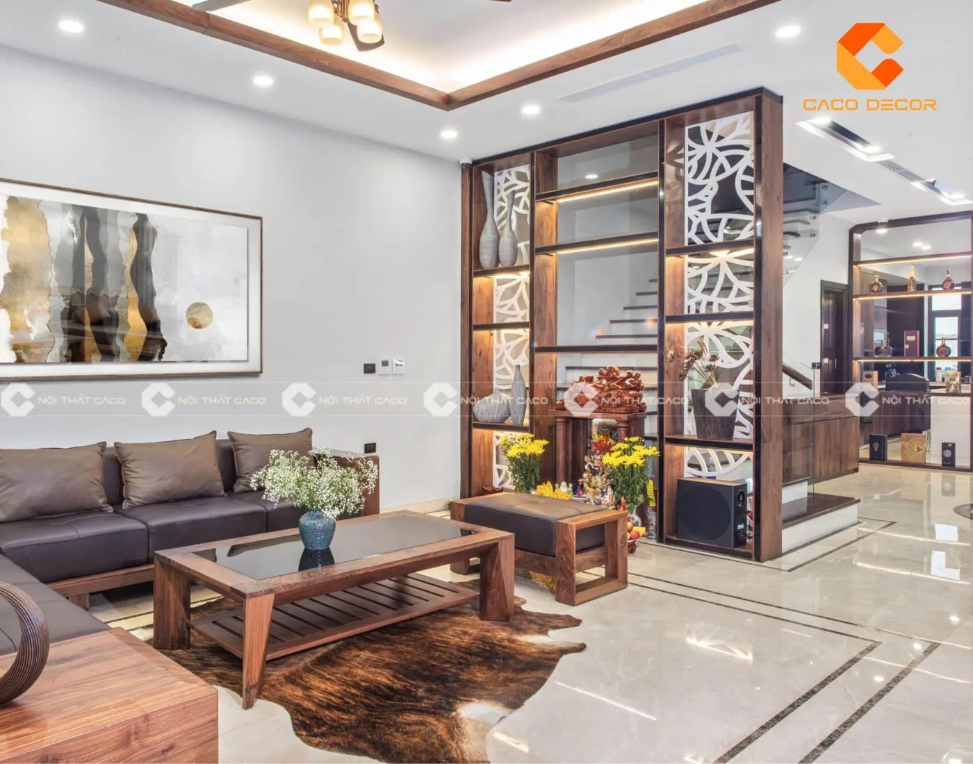 Vách trang trí ngăn phòng kết hợp tủ rượu