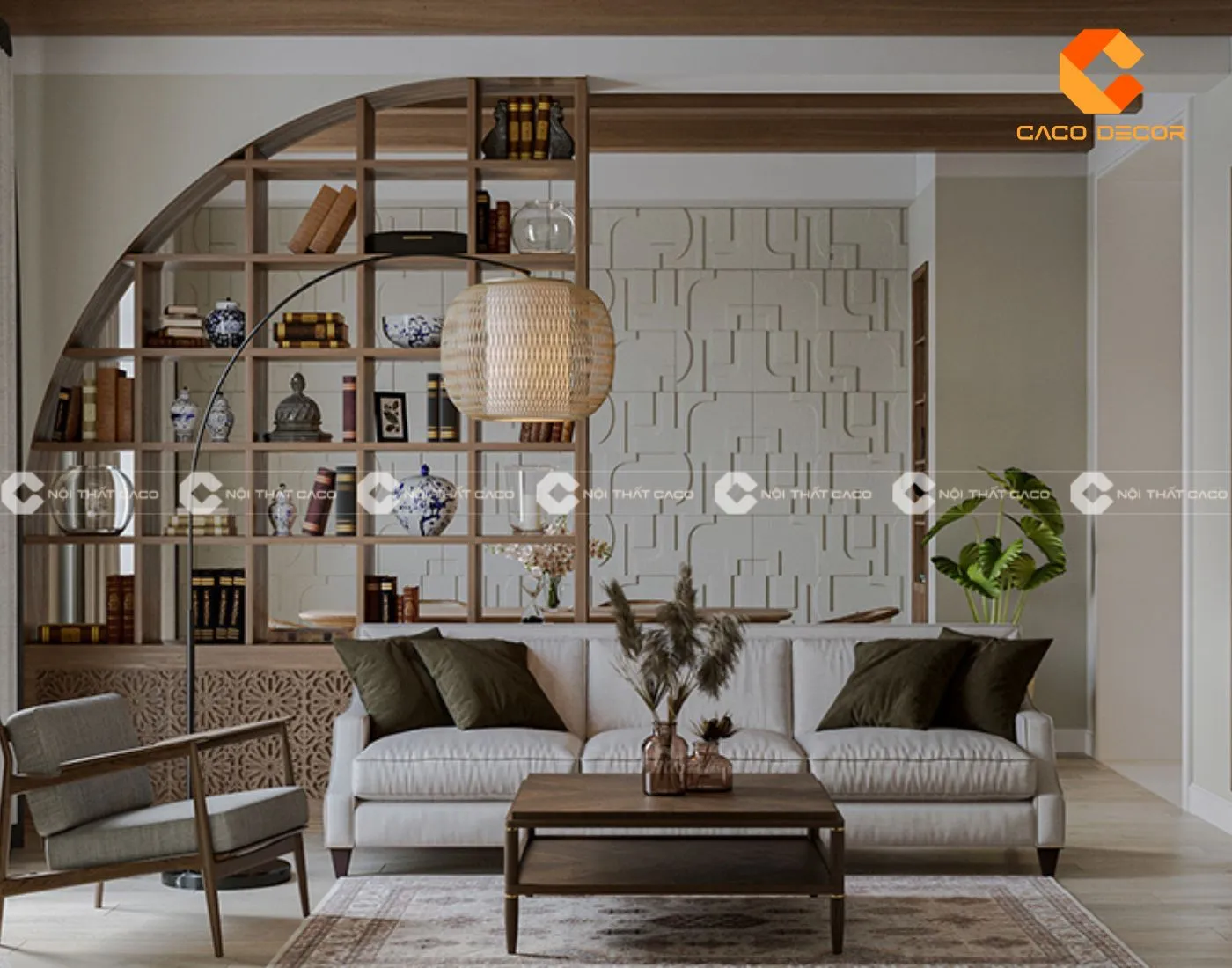 Vách trang trí ngăn phòng khách và nhà bếp thiết kế theo phong cách người Nhật