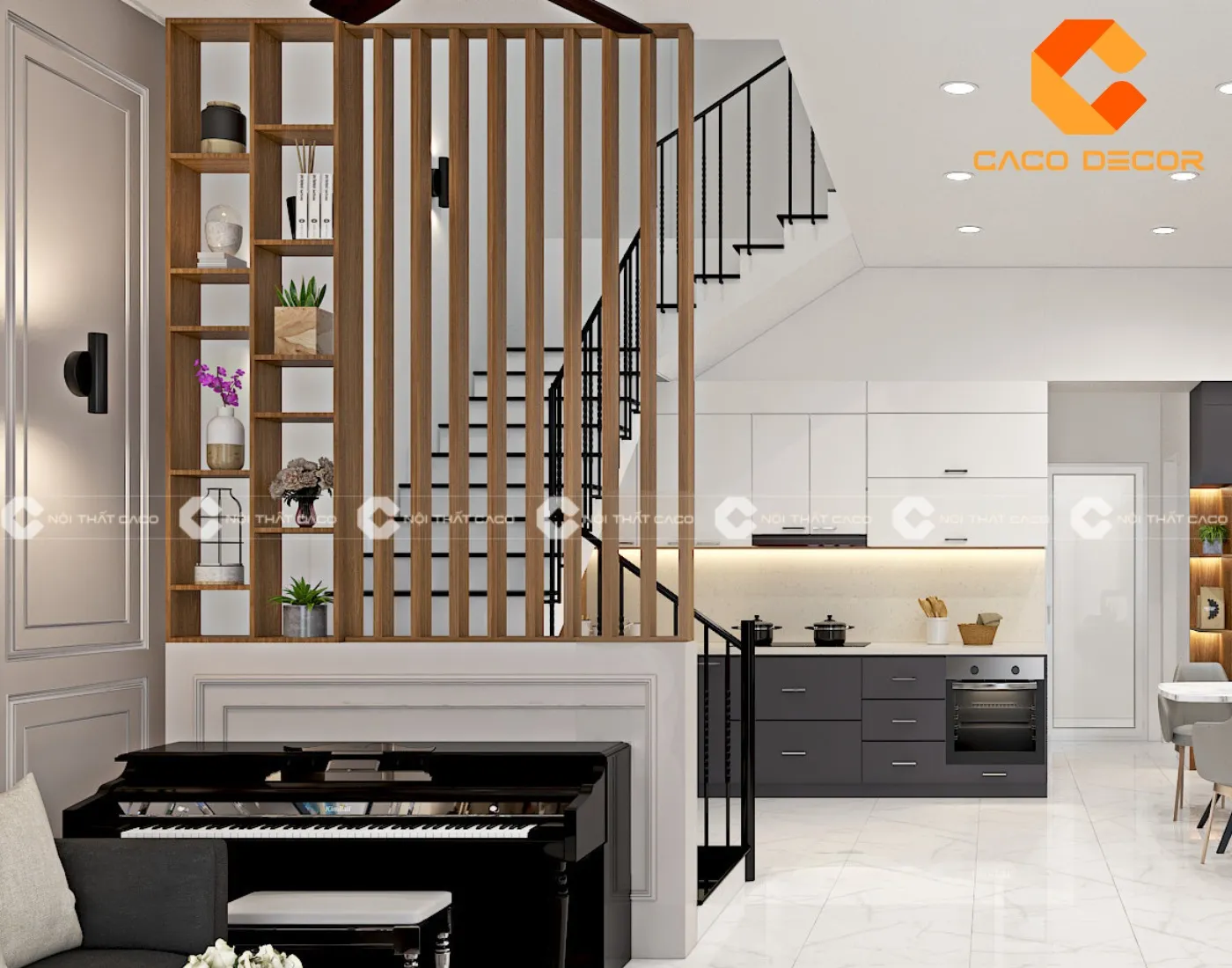Vách ngăn trang trí ngay cầu thang phòng khách