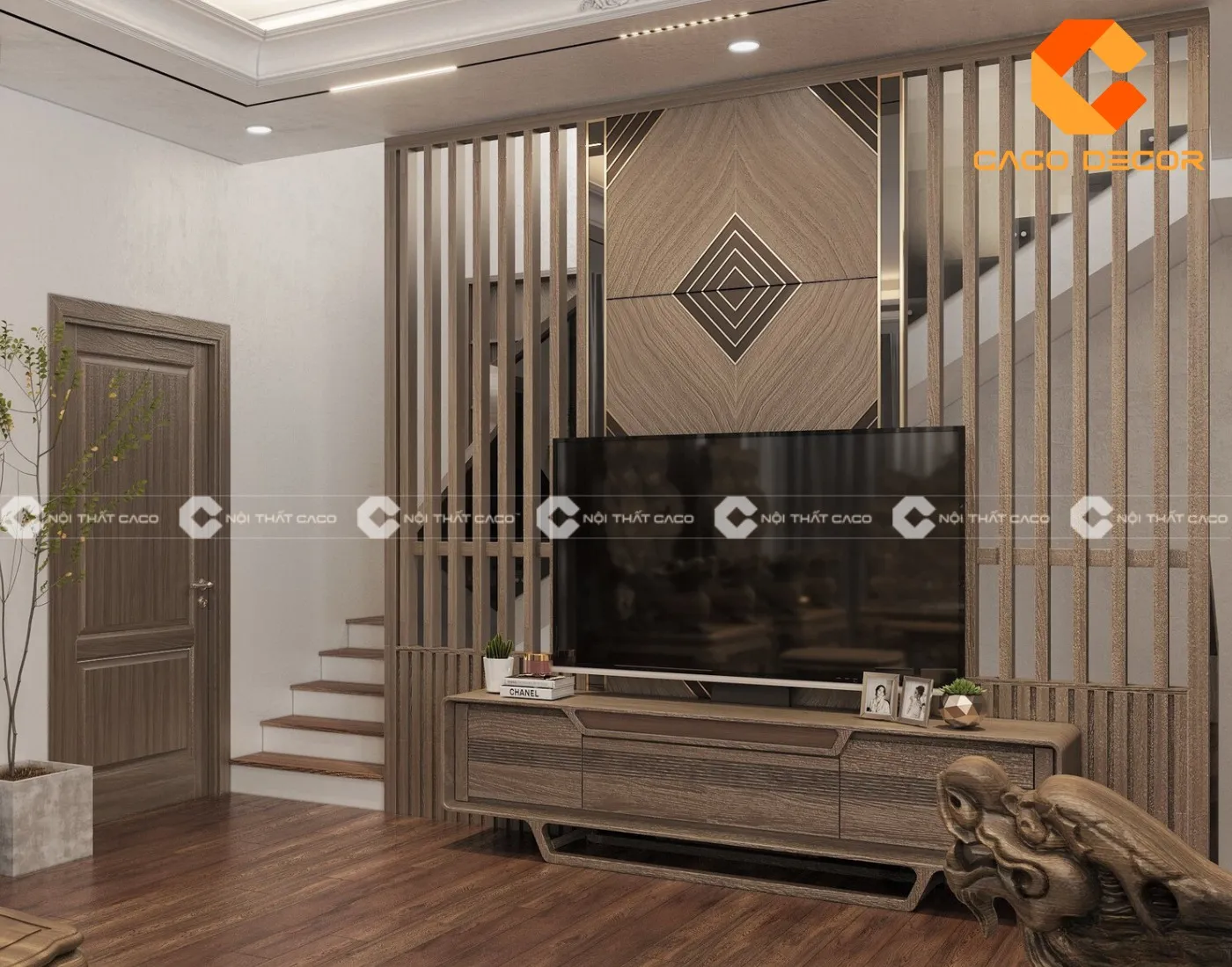 Vách trang trí ngăn giữa cầu thang và phòng khách