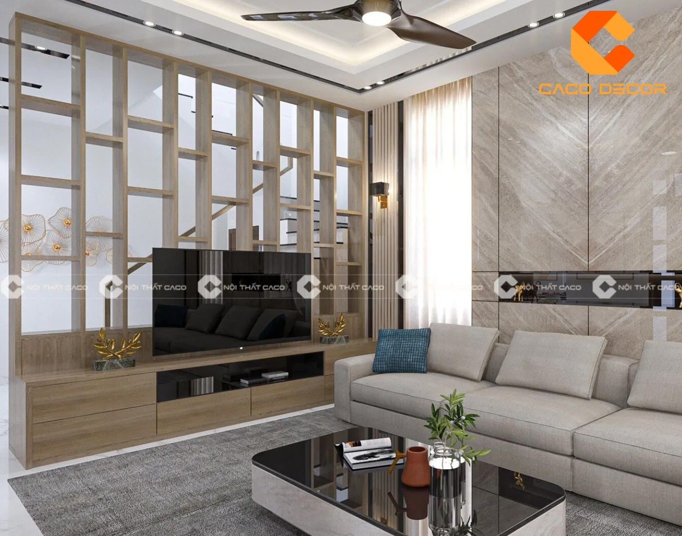 Vách trang trí ngăn cầu thang kết hợp kệ tivi hiện đại