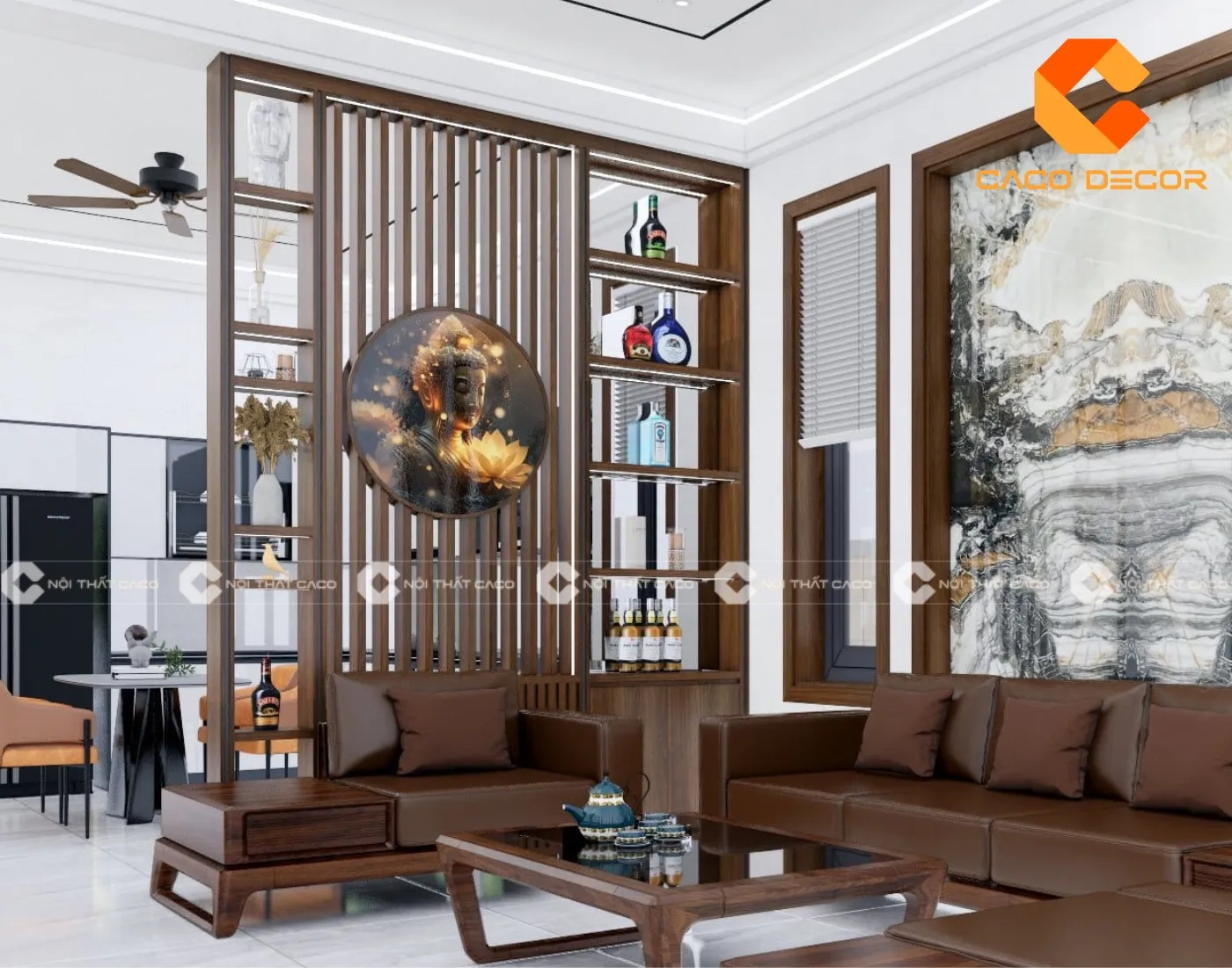 Vách ngăn trang trí gỗ óc chó tự nhiên sang trọng