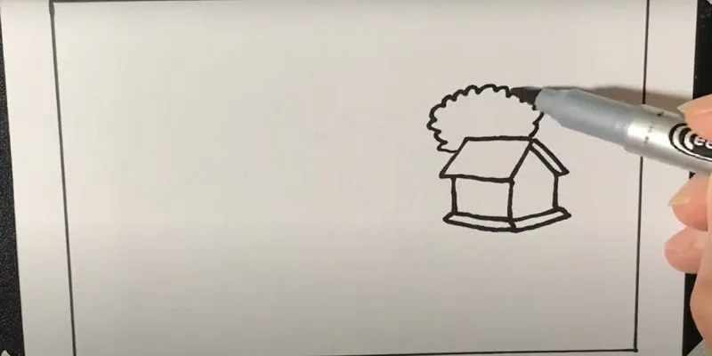 Vẽ các nét gợn sóng tạo hình bụi cây xanh phía sau ngôi nhà