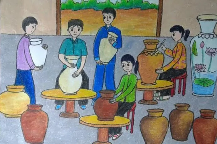 Vẻ đẹp của các sản phẩm gốm hoàn thiện trong tranh vẽ truyền thống việt nam