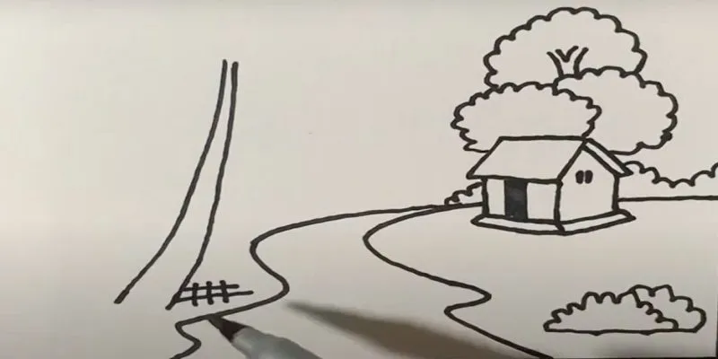 Vẽ hàng rào gỗ đơn giản bên cạnh gốc cây dừa tạo vẻ mộc mạc