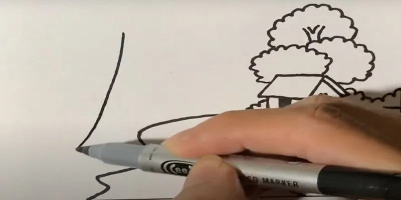 Vẽ nét cong đầu tiên định hình thân cây dừa nghiêng bóng