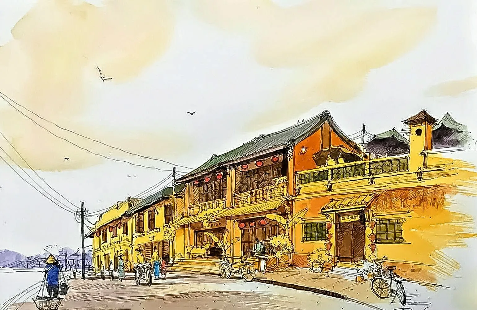 Vẽ tranh phố cổ đơn giản với nét phác họa cơ bản