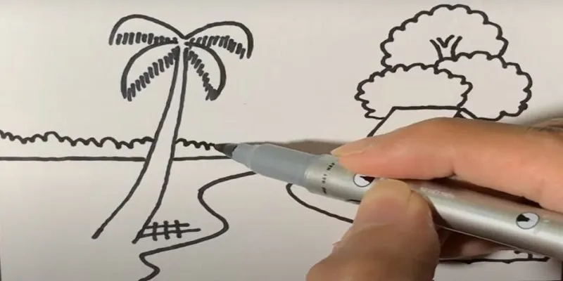 Vẽ rặng cây bụi phía xa để lấp đầy khoảng trống của đường chân trời