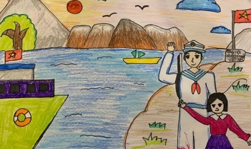 Vẽ tranh 30/4 đơn giản chủ đề biển đảo