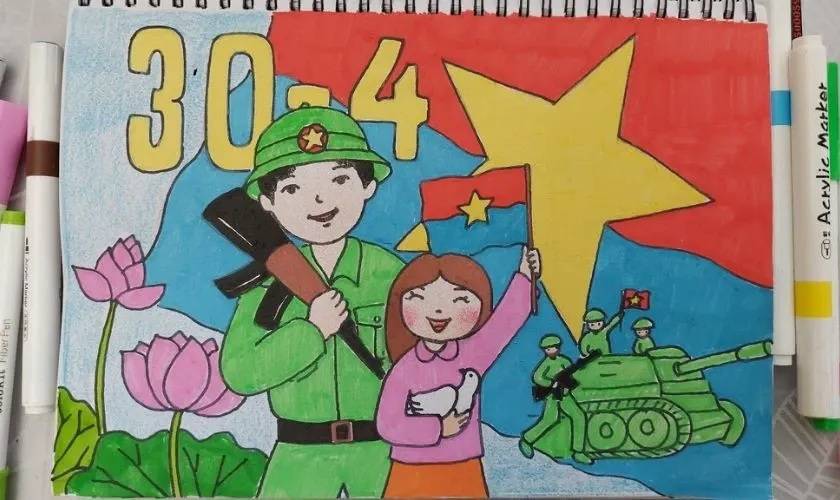 Vẽ tranh 30/4 đơn giản chủ đề chú bộ đội