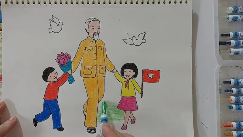 Mẫu tranh vẽ Bác Hồ với thiếu nhi đơn giản