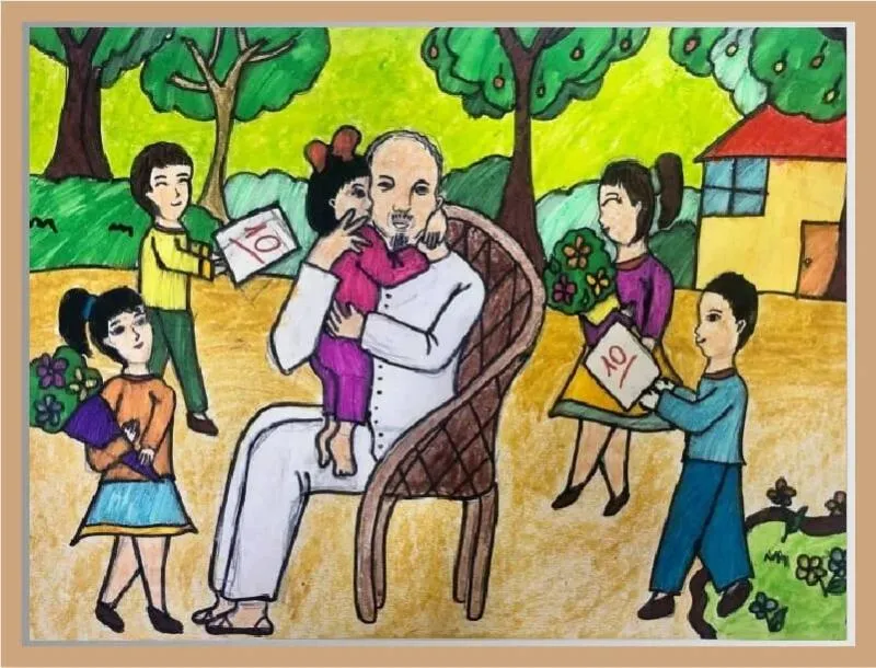 Mẫu tranh vẽ Bác Hồ với thiếu nhi đơn giản