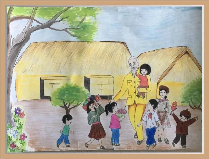 Mẫu tranh vẽ Bác Hồ với thiếu nhi đơn giản