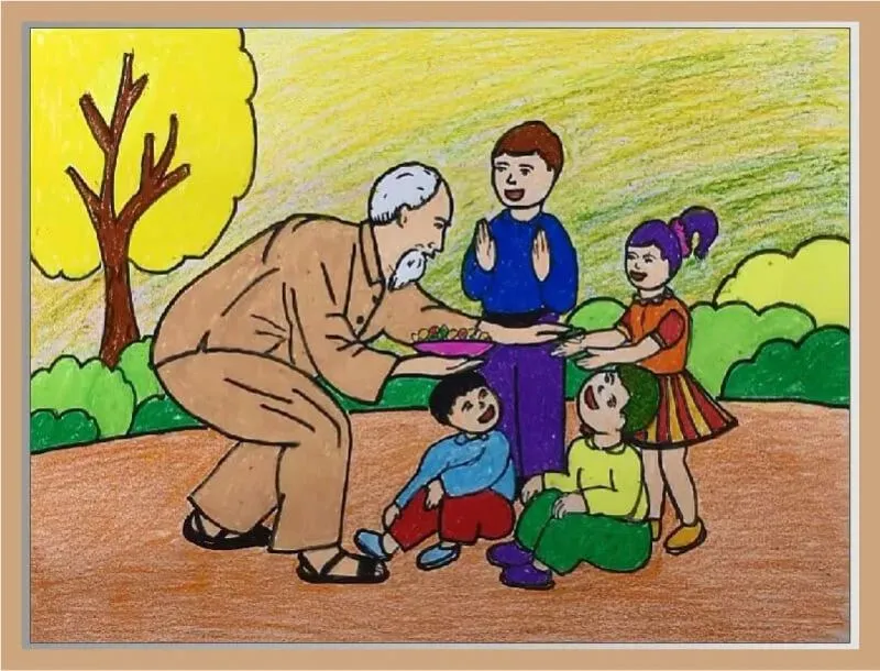 Mẫu tranh vẽ Bác Hồ với thiếu nhi đơn giản
