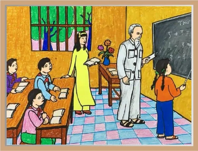 Mẫu tranh vẽ Bác Hồ với thiếu nhi đơn giản