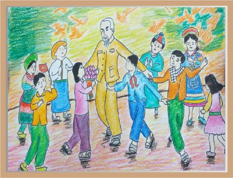 Mẫu tranh vẽ Bác Hồ với thiếu nhi đơn giản