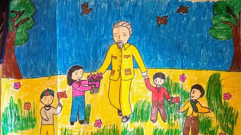 Mẫu tranh vẽ Bác Hồ với thiếu nhi đơn giản