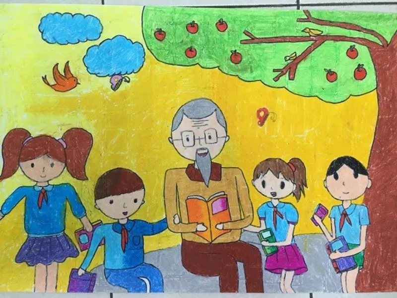 Mẫu tranh vẽ Bác Hồ với thiếu nhi đơn giản