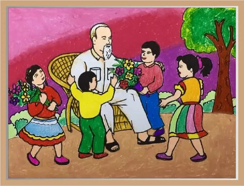 Mẫu tranh vẽ Bác Hồ với thiếu nhi đơn giản