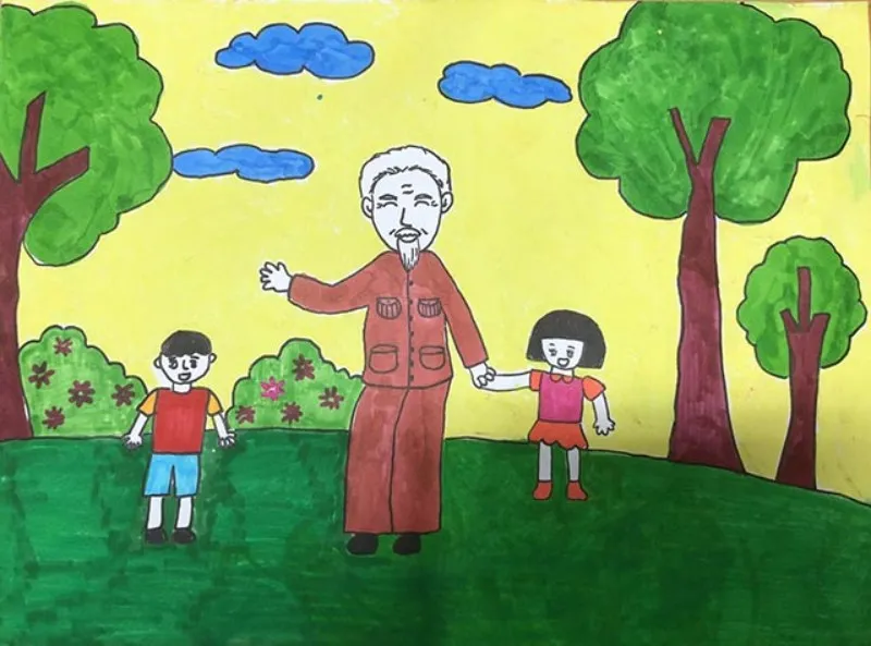 Mẫu tranh vẽ Bác Hồ với thiếu nhi đơn giản