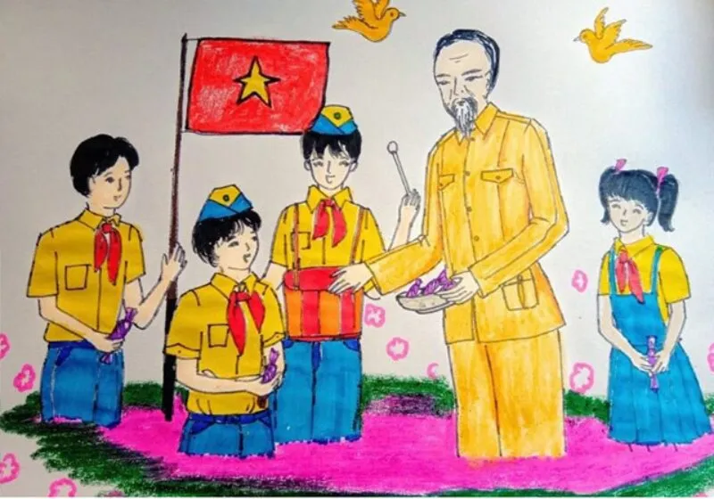 Mẫu tranh vẽ Bác Hồ với thiếu nhi đơn giản