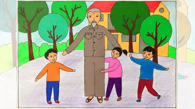 Mẫu tranh vẽ Bác Hồ với thiếu nhi đơn giản