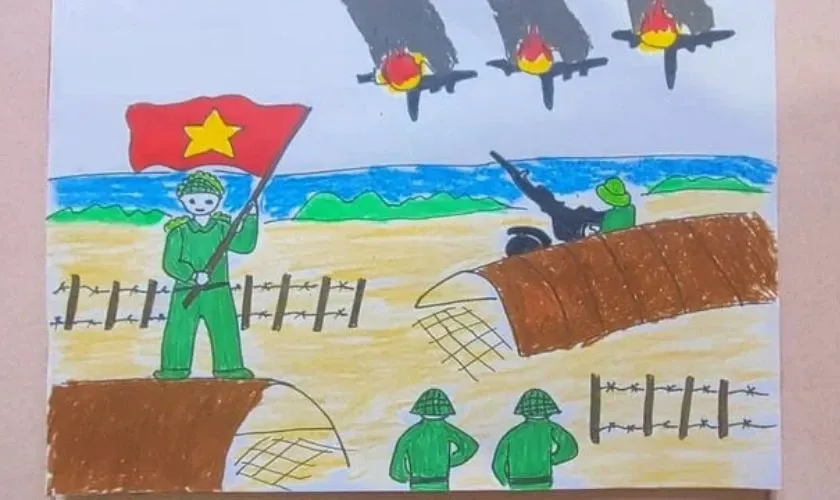 Tranh vẽ Điện Biên Phủ trên không của học sinh tiểu học