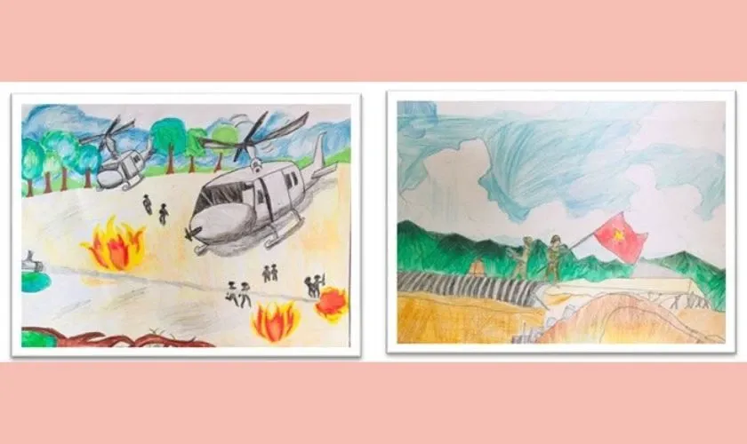 Bức tranh thể hiện máy bay đang bay trên bầu trời Điện Biên