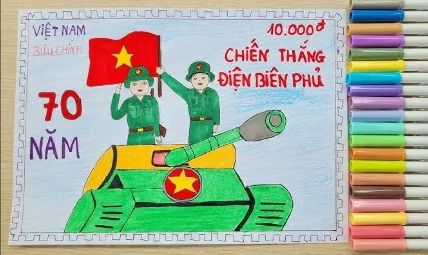 Tranh vẽ bầu trời Điện Biên với máy bay và khói lửa