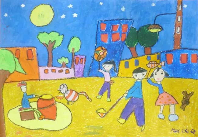 Tranh dạo chơi công viên - em Thu Thảo lớp 7A và Mai Chi 6 tuổi