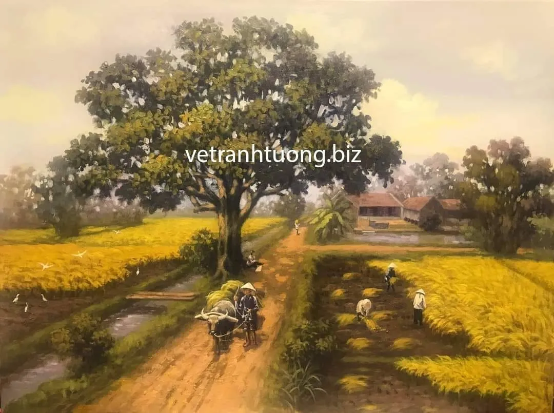 Vẽ tranh đồng quê cảnh người chở lúa chín về nhà đầy ý nghĩa sung túc