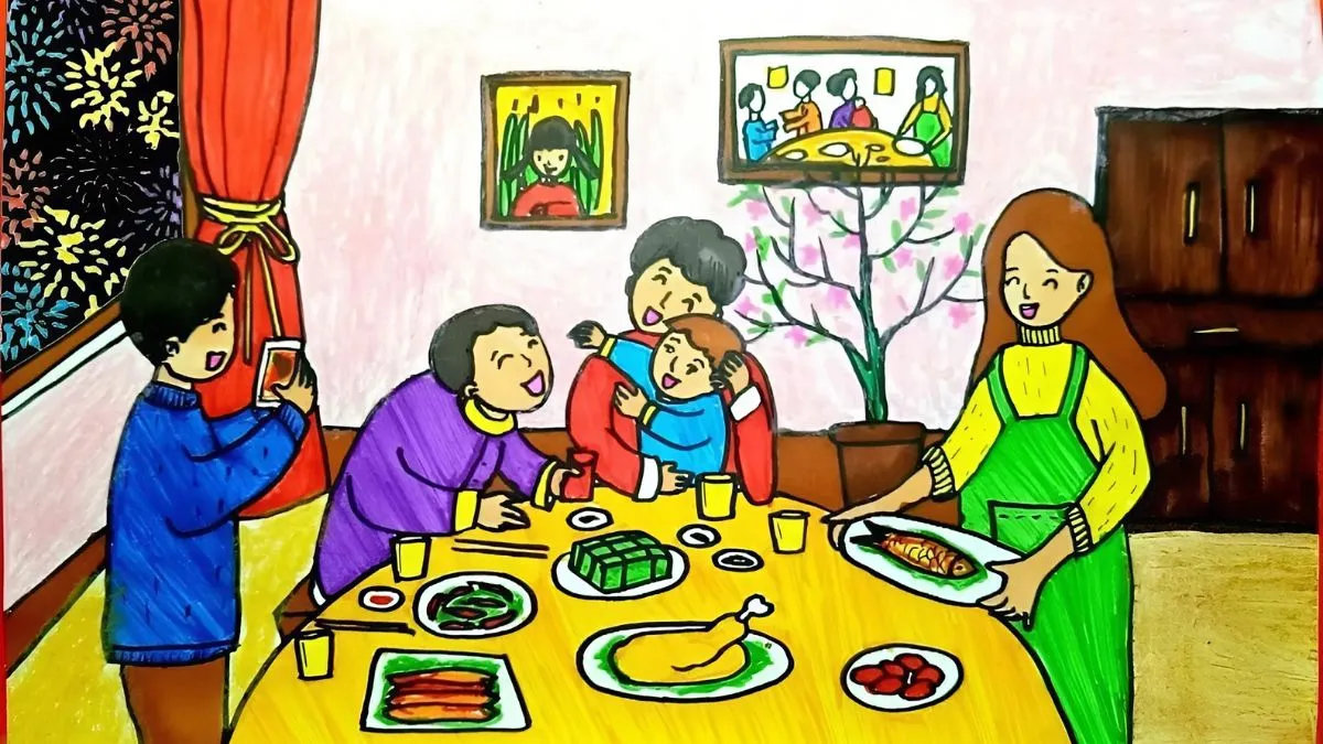 Tranh mẫu 11: Tranh gia đình ngày Tết