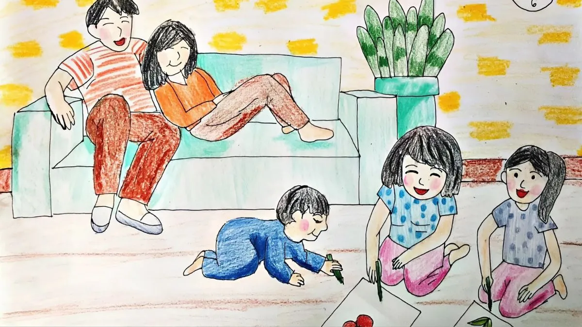 Tranh mẫu 4: tranh gia đình đang sum vầy buổi tối