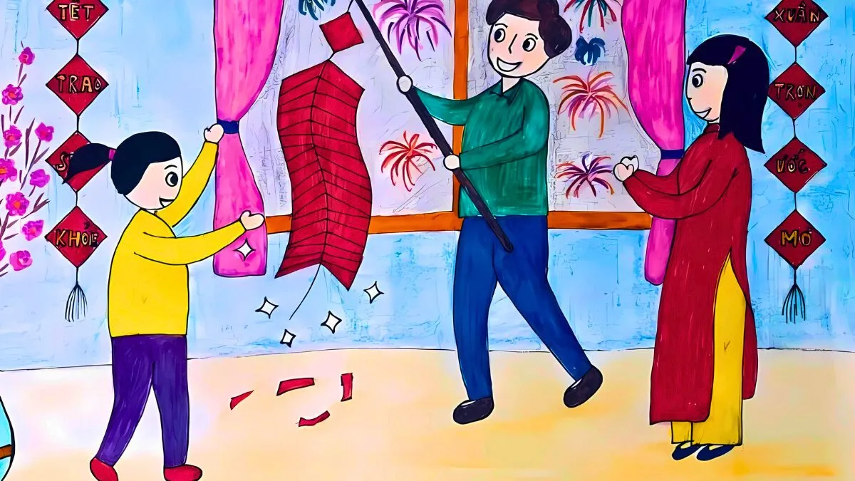 Tranh mẫu 7: Tranh gia đình ngày Tết