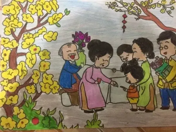 Vẽ tranh gia đình đón Tết đơn giản mà vẫn đầy đủ ý nghĩa