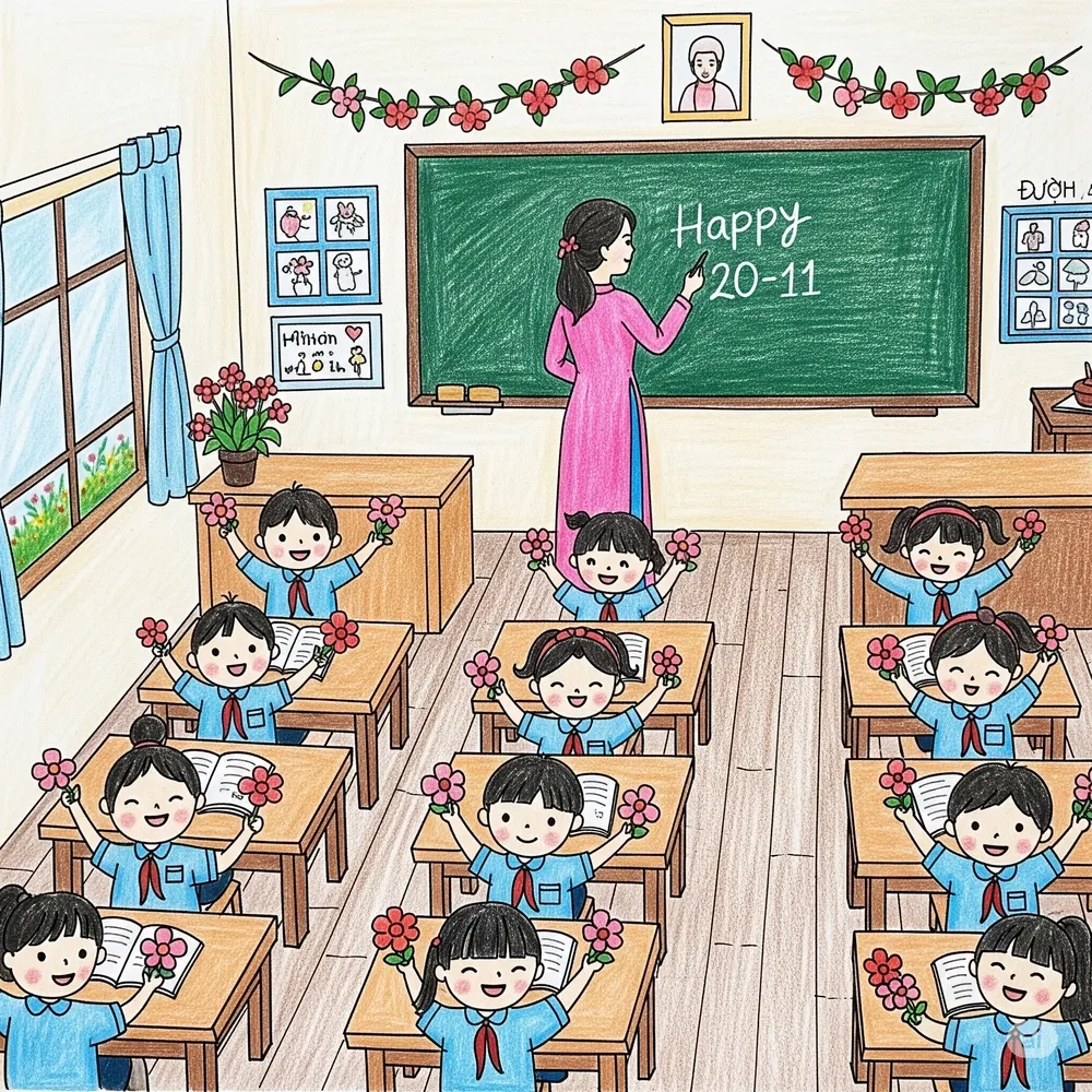 Vẽ tranh giáo viên lớp học đẹp với không gian sáng sủa