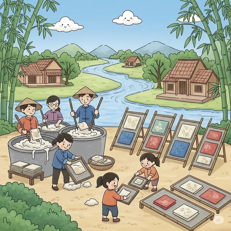 Vẽ tranh làng nghề làm bánh tráng miền Trung mộc mạc