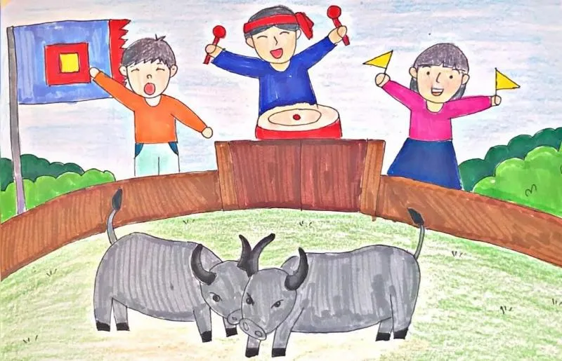 Vẽ tranh lễ hội chọi trâu cảnh học sinh vẽ tranh lễ hội chọi trâu màu sắc sinh động