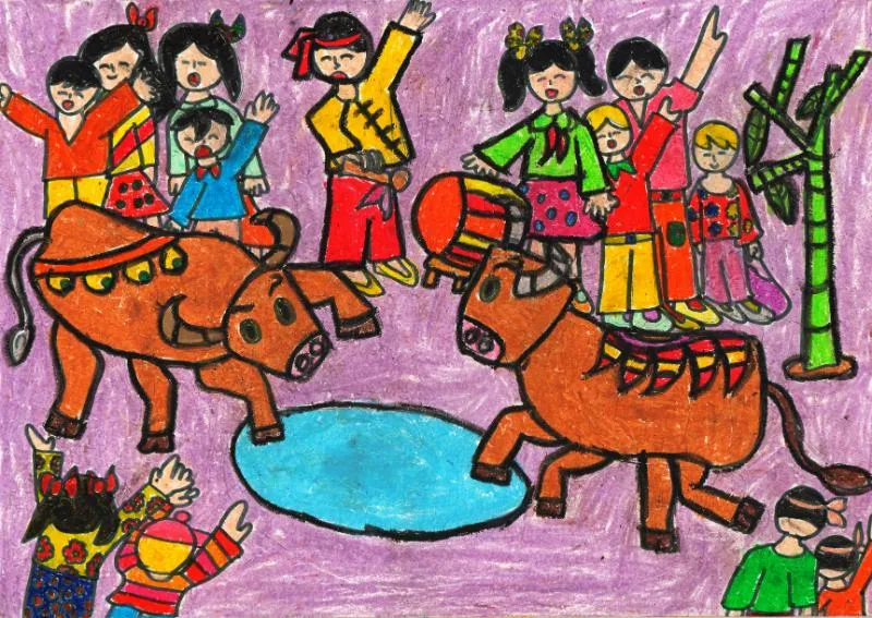 vẽ tranh lễ hội chọi trâu màu sắc dân gian người xem nhảy múa trâu thi đấu sinh động