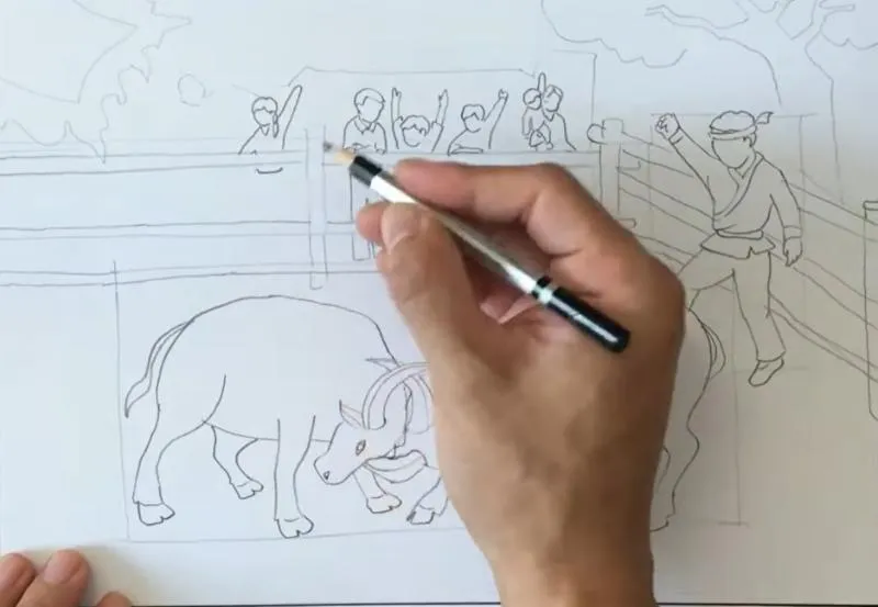 vẽ tranh lễ hội chọi trâu phác thảo bằng bút chì bố cục sân đấu và khán giả