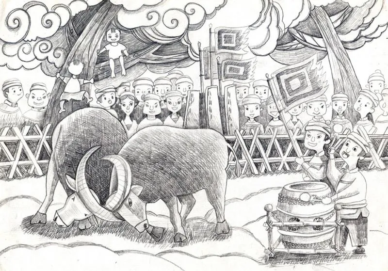 vẽ tranh lễ hội chọi trâu quang cảnh sân đình náo nhiệt trâu húc nhau trước đám đông