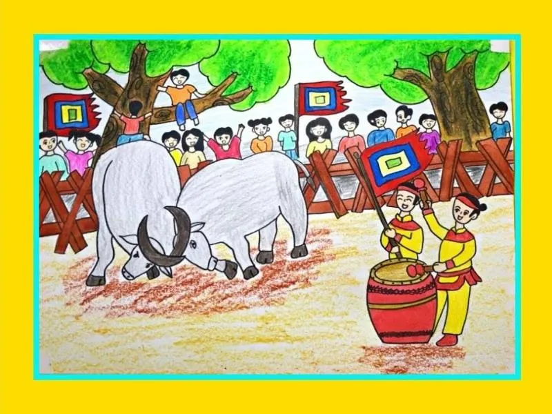 vẽ tranh lễ hội chọi trâu sân đấu sôi động trâu thi đấu khán giả hò reo rực rỡ