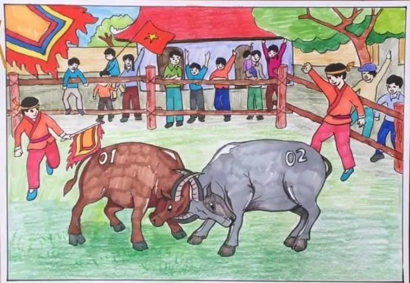 vẽ tranh lễ hội chọi trâu trâu choi dung mãnh người xem cổ vũ lễ hội truyền thống