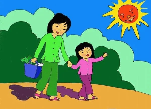 Vẽ tranh mẹ dắt con đi chợ